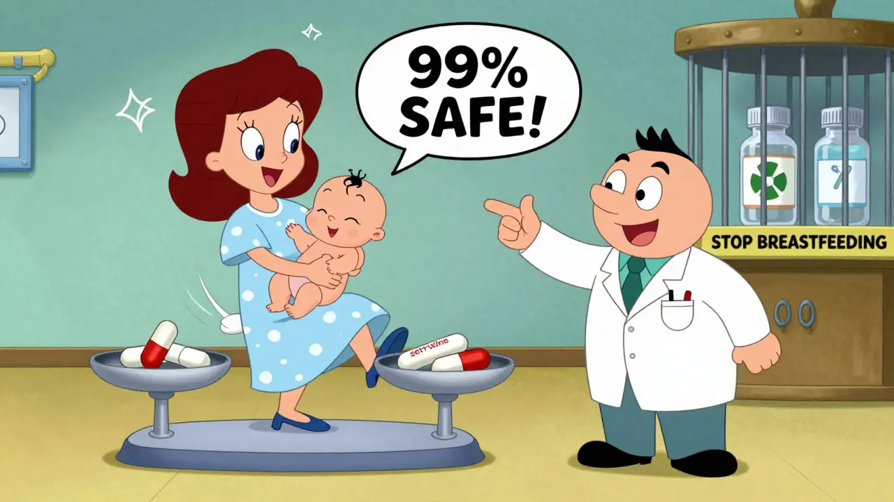 Mother and baby on a scale with safe meds lifting baby up, dangerous drugs locked away.