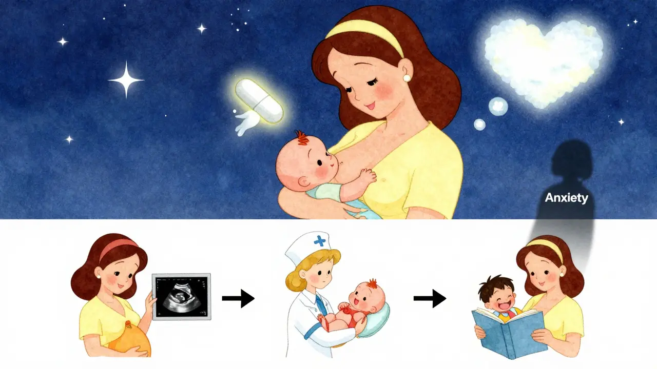 Mother breastfeeding under stars with glowing pill above, timeline showing healthy child development.