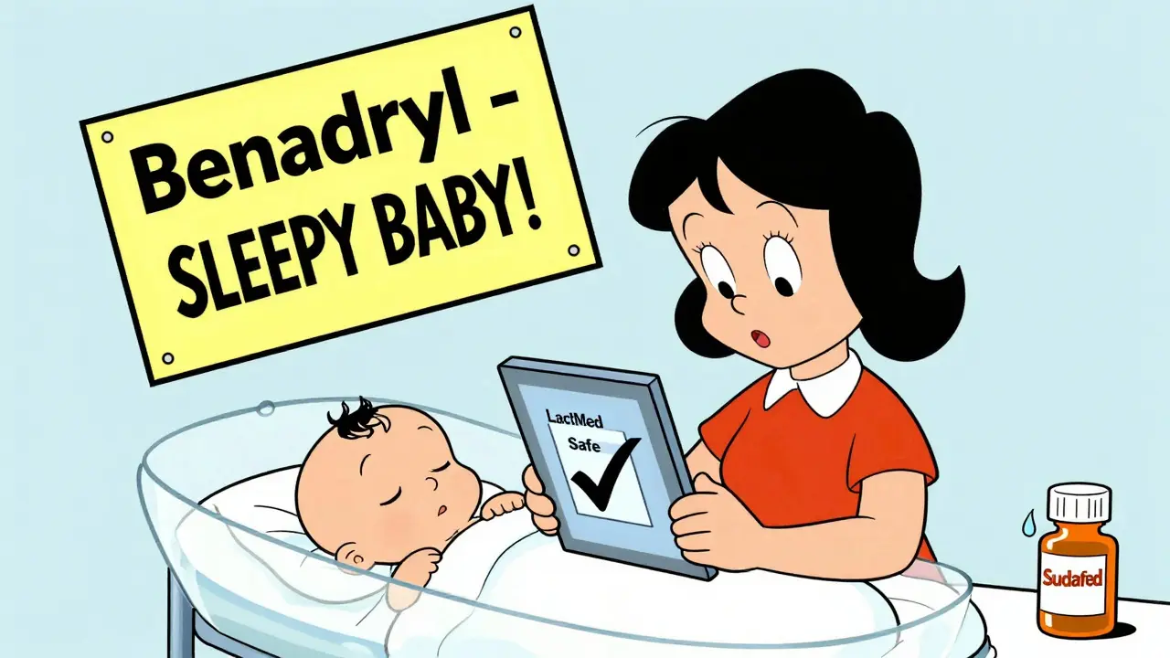 Mother reading LactMed on tablet while Benadryl and Sudafed show comical warning signs.