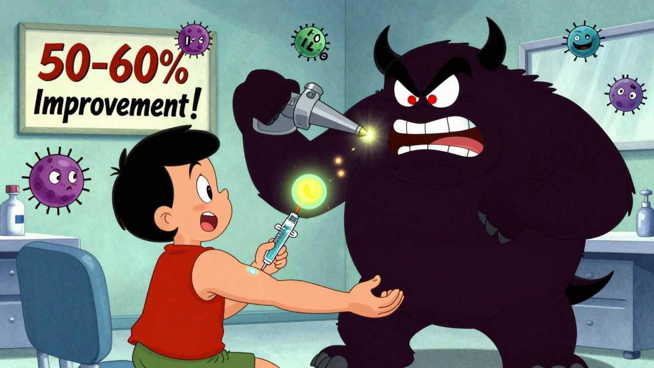 Patient injecting biologic drug that zaps a cartoon TNF-alpha monster attacking joints.