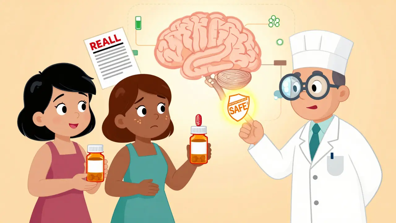 Patients and a pharmacist reacting to safe and recalled generic medicines with friendly FDA shield.