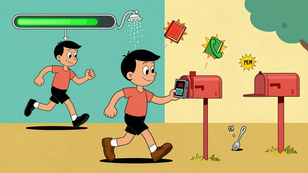 Person walking with heart rate monitor showing 125 BPM, energy meter draining as daily tasks trigger crashes.