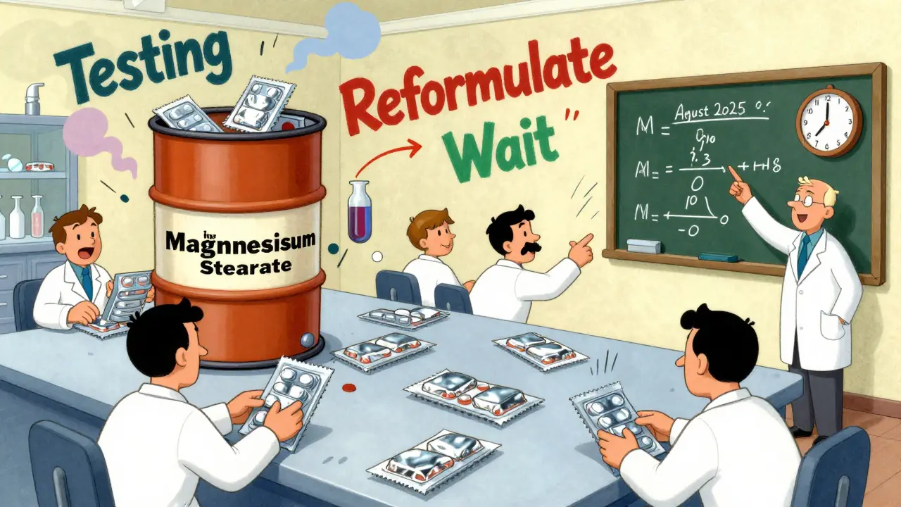 Pharmaceutical workers replacing plastic packaging with aluminum foil in a chaotic factory.