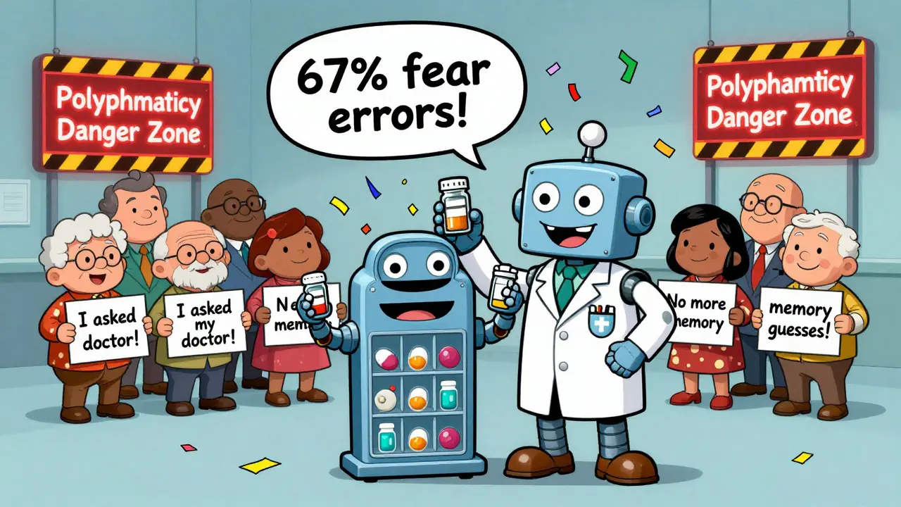 Pharmacist beside a robot-shaped pill organizer with patients holding signs about medication safety.