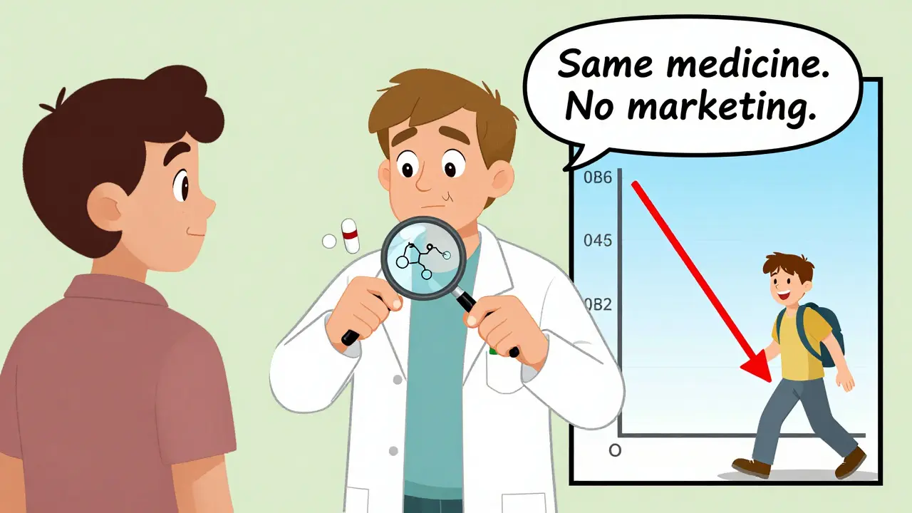 Pharmacist explains generic equivalence to two generations with magnifying glass revealing same medicine inside.