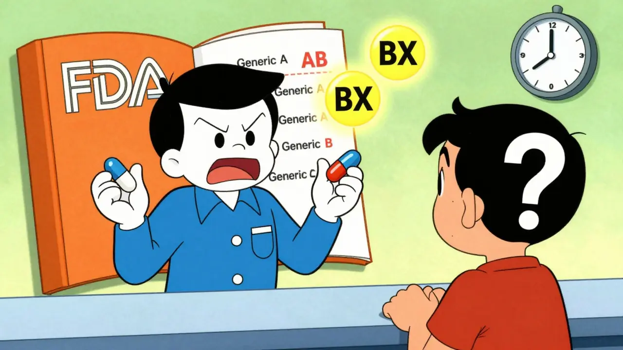 Pharmacist holds two generics while patient is confused, with FDA ratings glowing like warning signs.