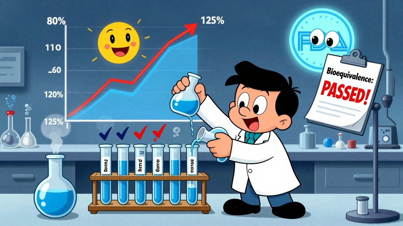 Scientist testing identical liquids from brand and generic pills with a bouncing bioequivalence graph.