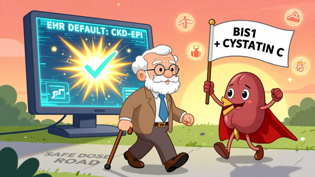 Senior walking safely past exploding computer screen toward glowing kidney hero