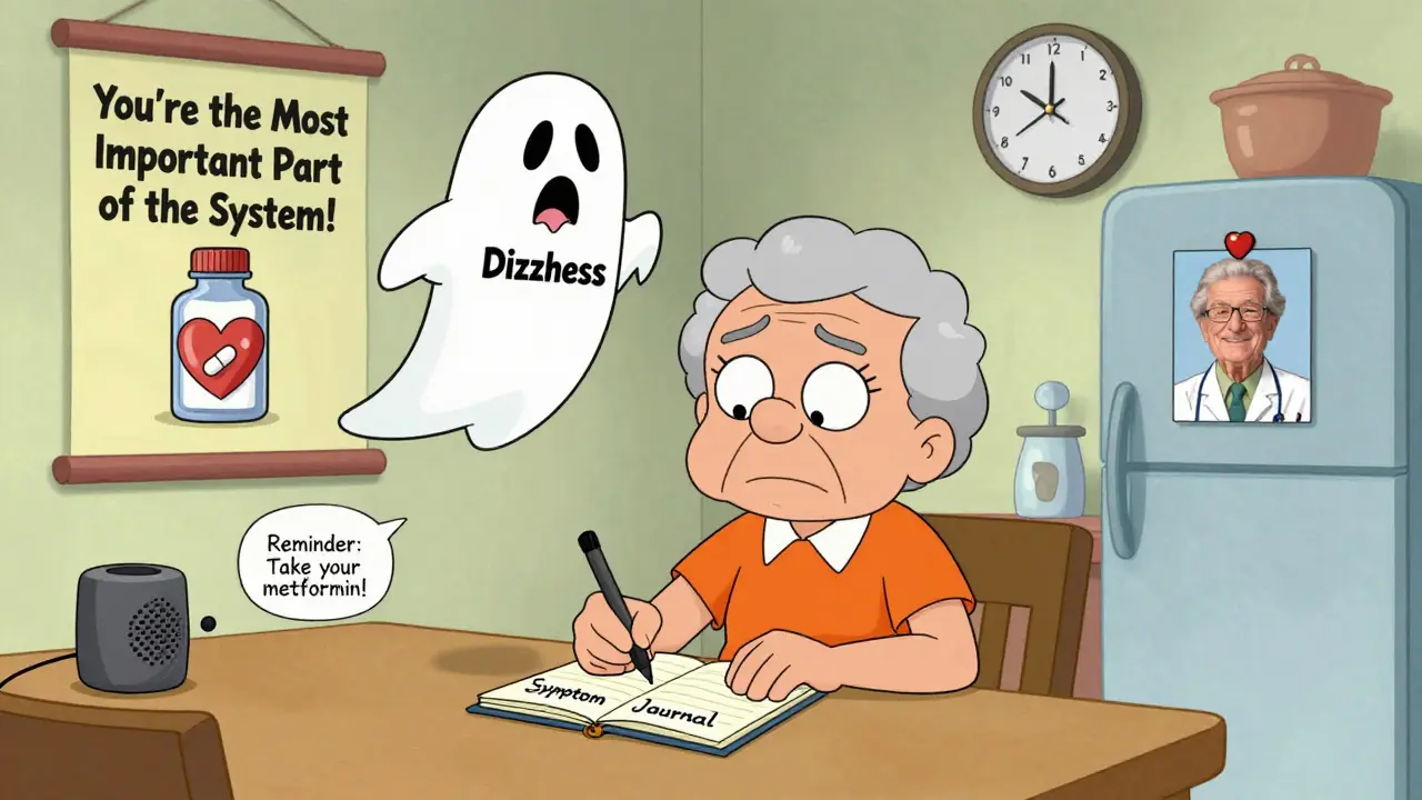 Senior writing in a symptom journal as a cartoon dizziness ghost floats above, with a voice assistant reminding them to take medicine.