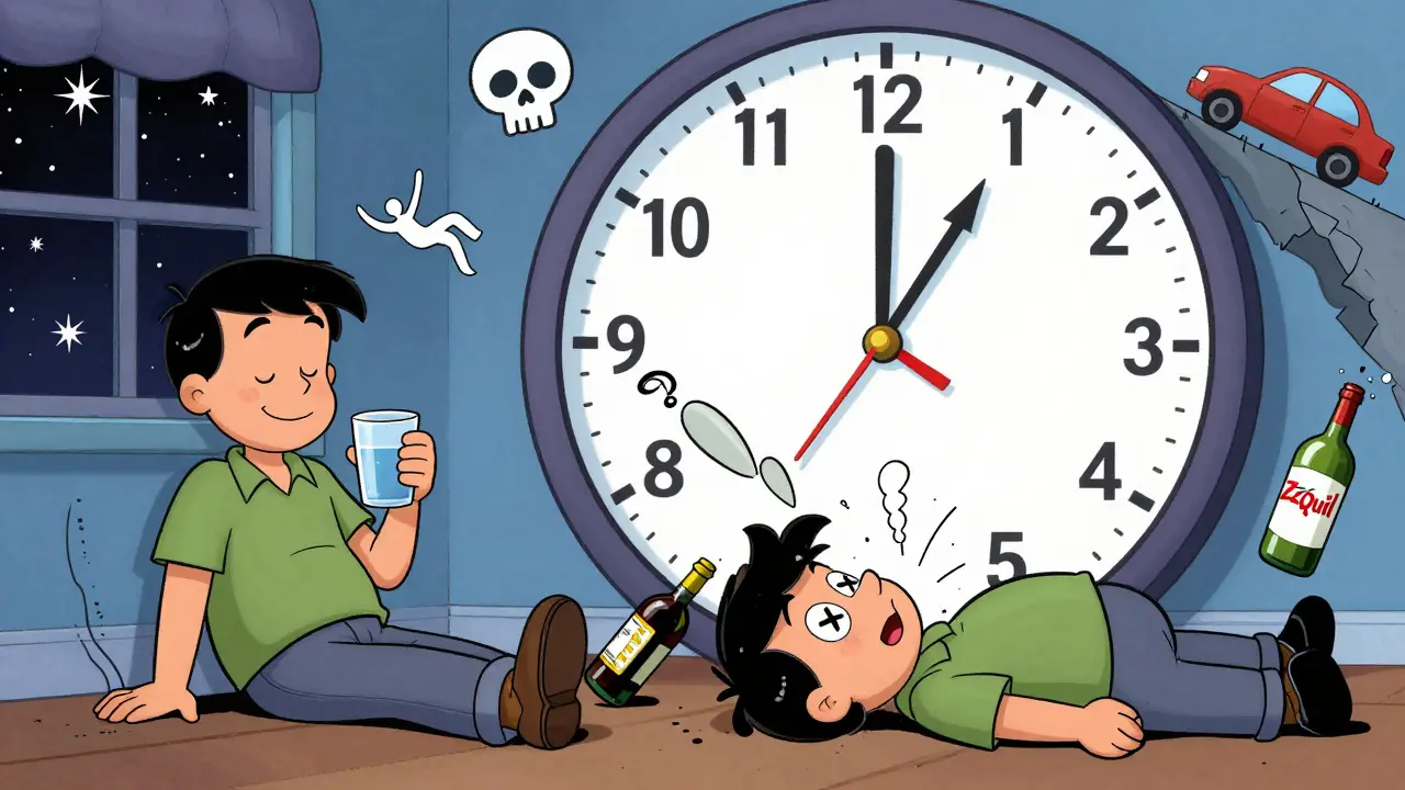 Side-by-side cartoon scenes: peaceful melatonin user vs. collapsed person with alcohol and OTC sleep aid