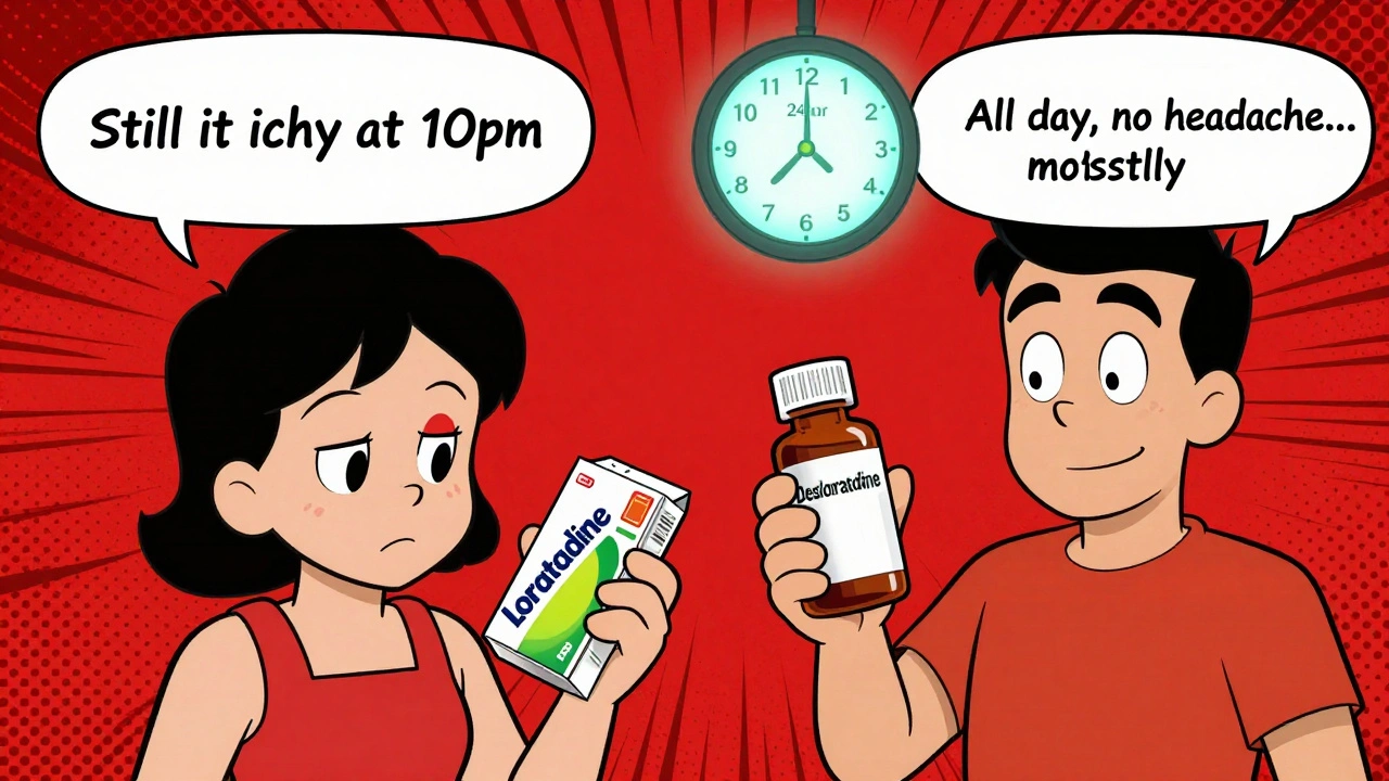 Split cartoon scene showing desloratadine&#039;s all-day relief vs loratadine&#039;s fading effect.