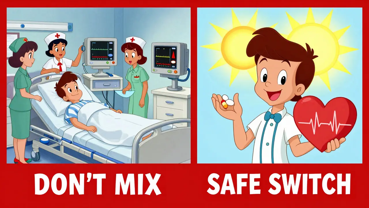 Split-screen: left shows a hospital emergency from dangerous drug combo, right shows a happy patient safely taking azithromycin with a steady heartbeat.