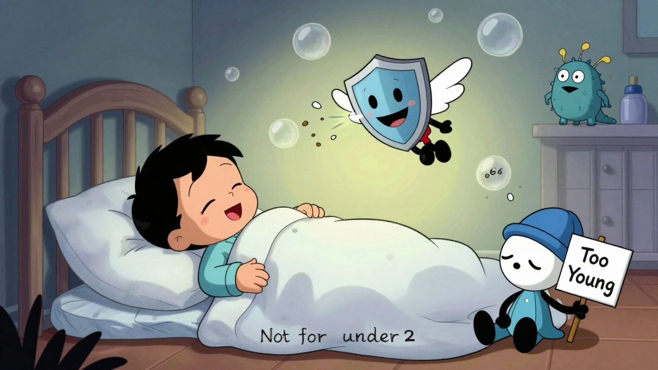 Tiny desloratadine shield protects sleeping toddler from pollen monsters, loratadine excluded.