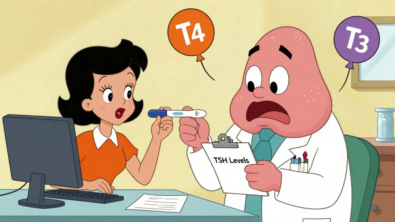 Woman at doctor's office with a nervous cartoon thyroid checking clipboard with TSH levels.