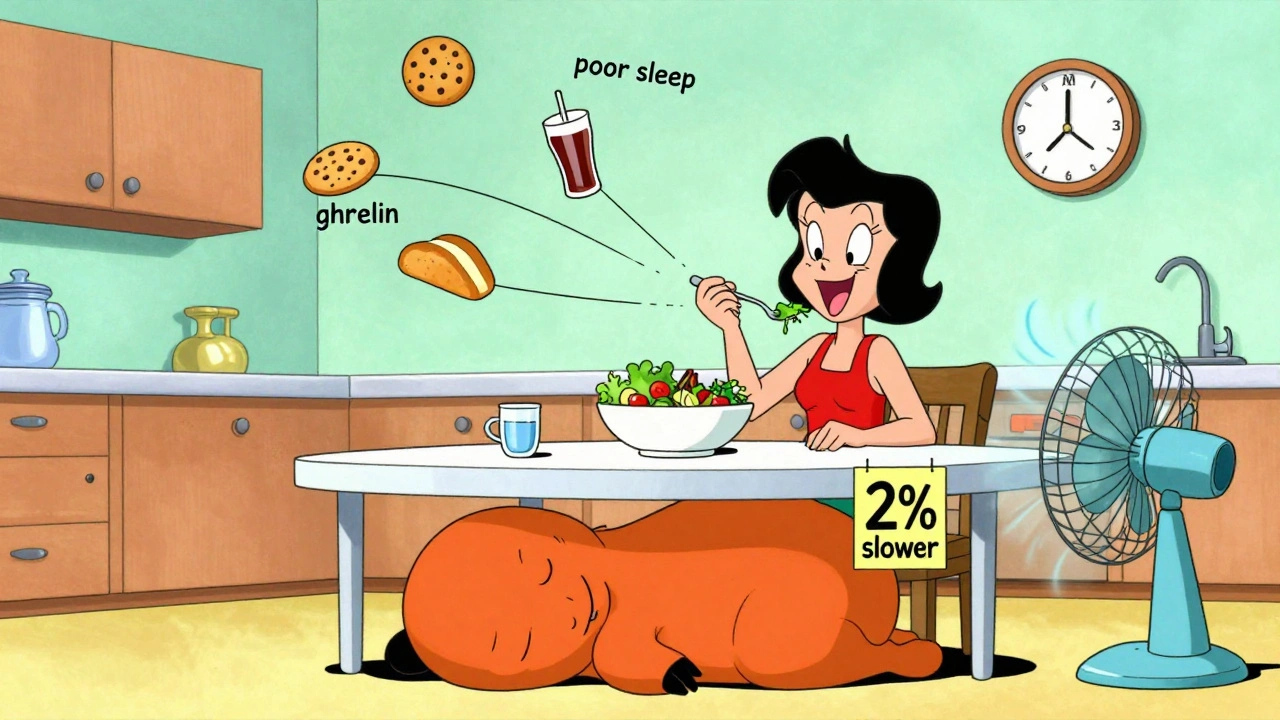 Woman eats salad while her metabolism sleeps under the table, with hunger cues pulling junk food.
