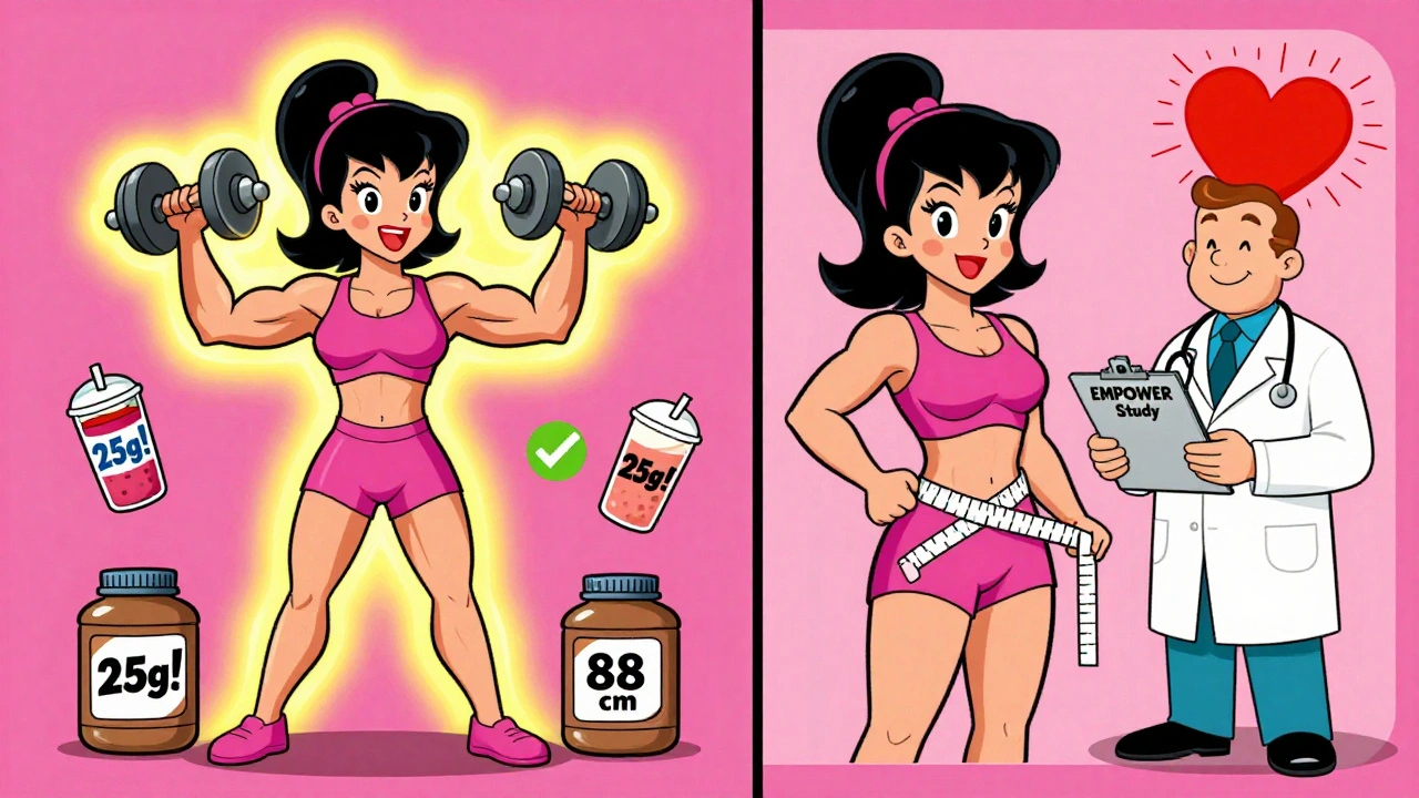 Woman lifts weights with protein shakes nearby, waist tape shows healthy measurement, doctor smiles in background.