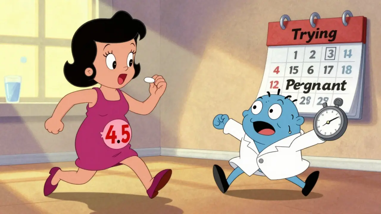 Woman taking thyroid medication as a cartoon thyroid monster runs away from a levothyroxine hero.