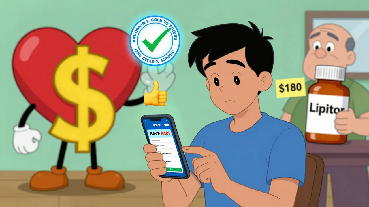 Young person checks generic drug savings on phone while older person holds expensive brand-name bottle.