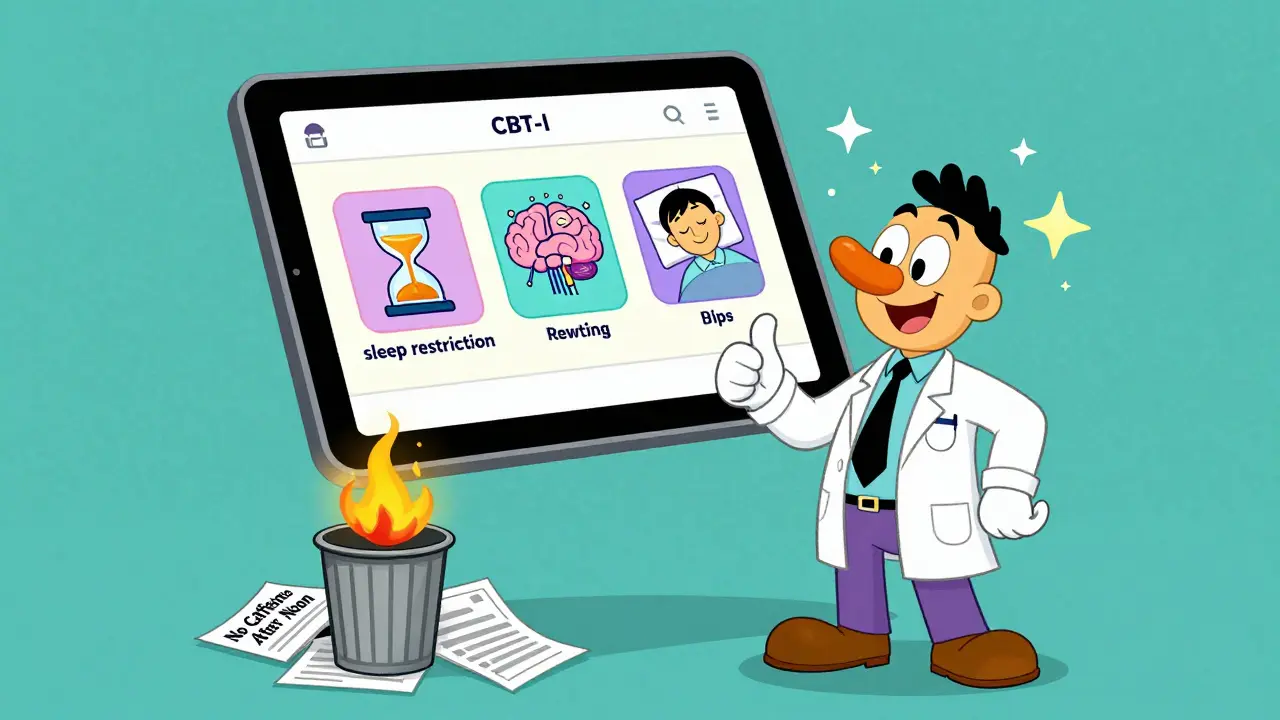 A digital CBT-I app with animated sleep icons, stars around a sleeping user, and discarded sleep hygiene pamphlets burning.
