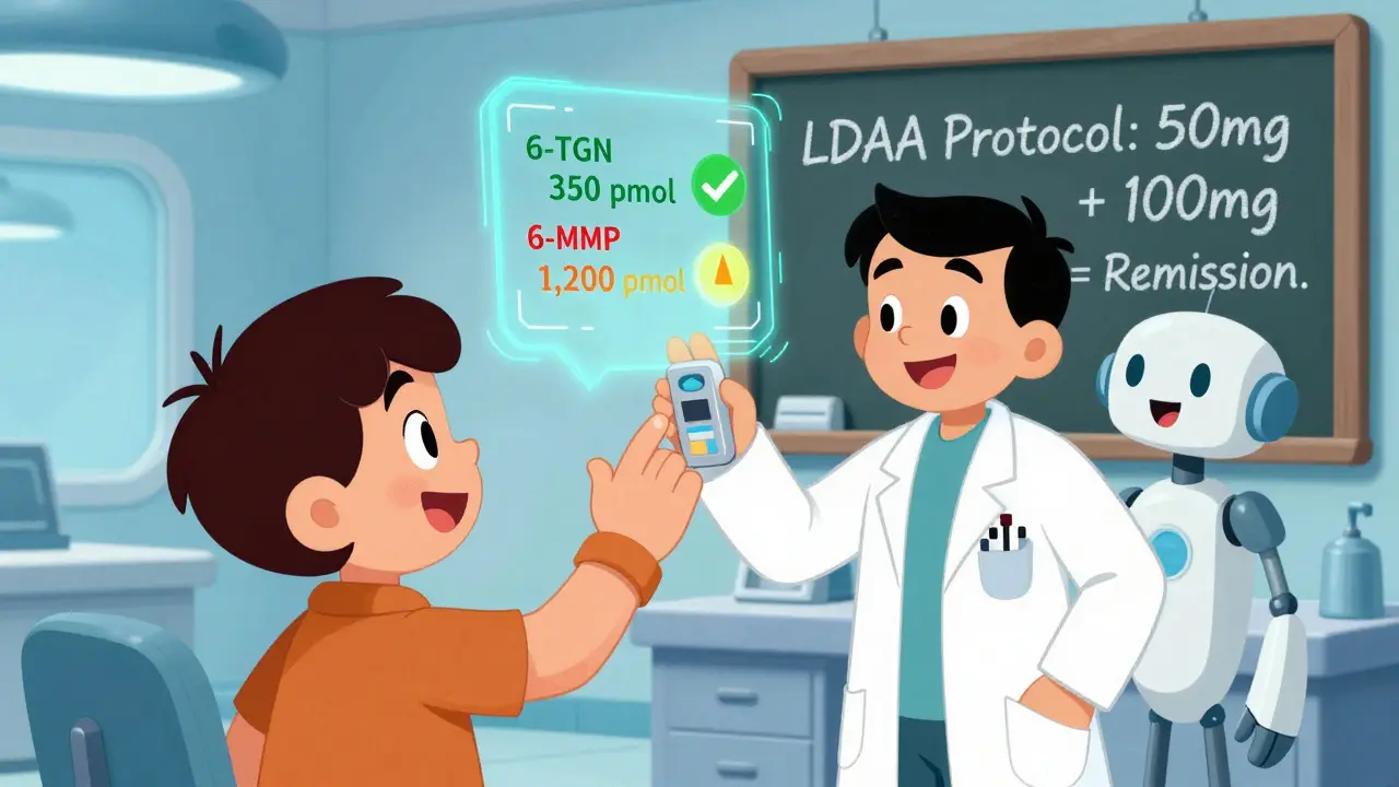 A doctor scans a patient's finger in a futuristic clinic, displaying metabolite levels on a glowing dashboard.