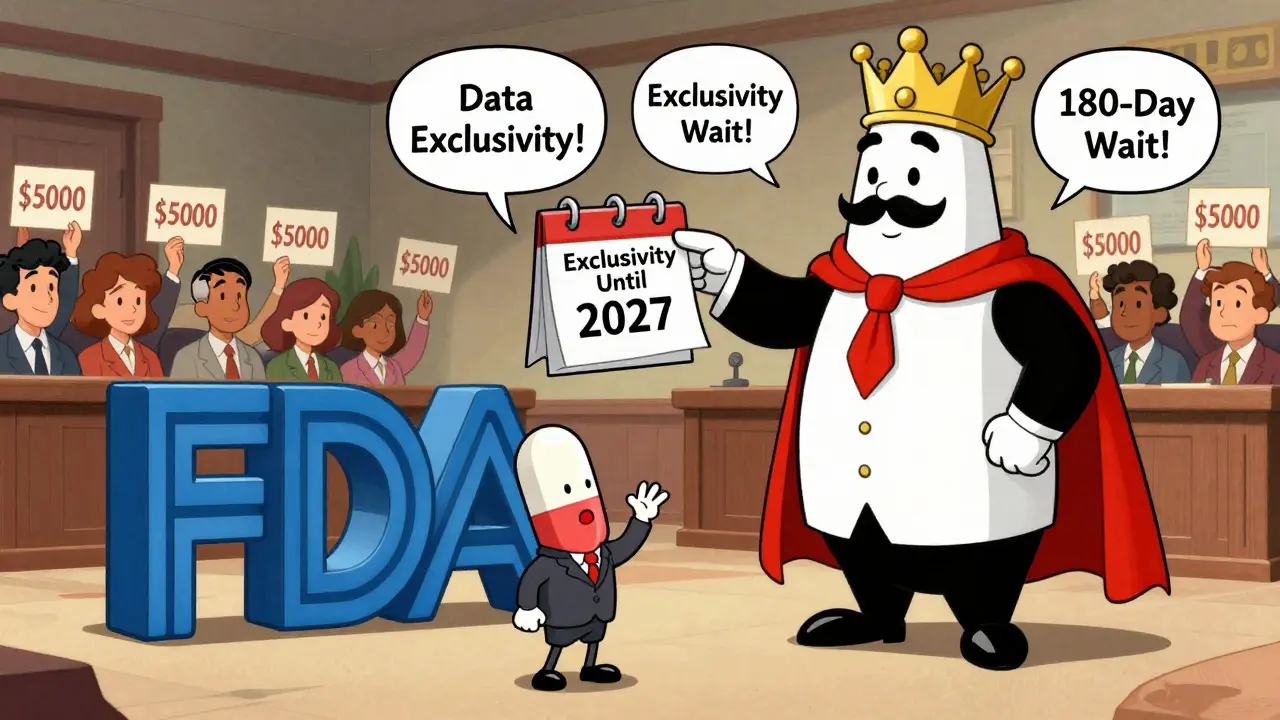 A generic pill in court arguing against a crowned branded drug under FDA logo.