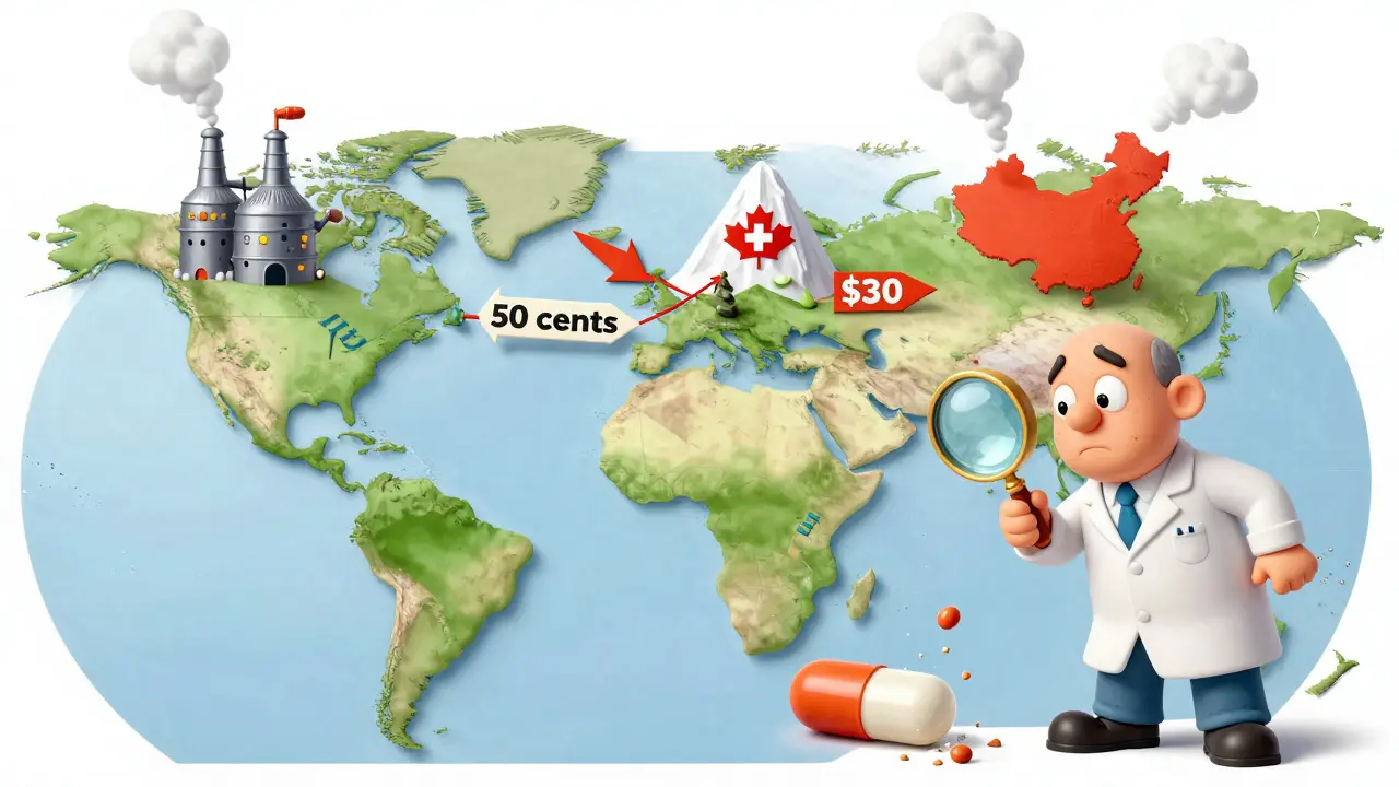 A global map showing pill factories in India and China sending pills to different countries with wildly varying prices.