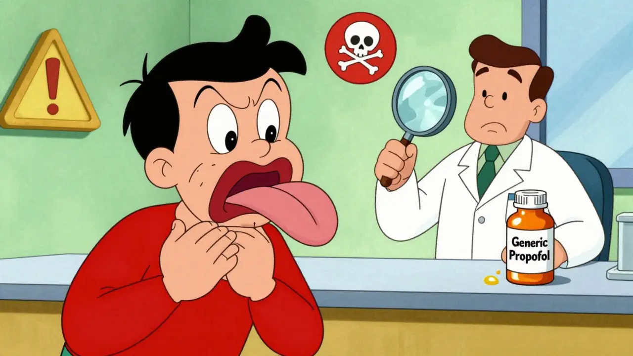 A man choking as a giant tongue blocks his airway, with peanut oil leaking from a generic pill bottle.