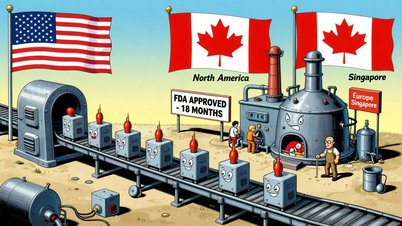 A modern continuous manufacturing plant replacing an old factory, with regional supply hubs nearby.