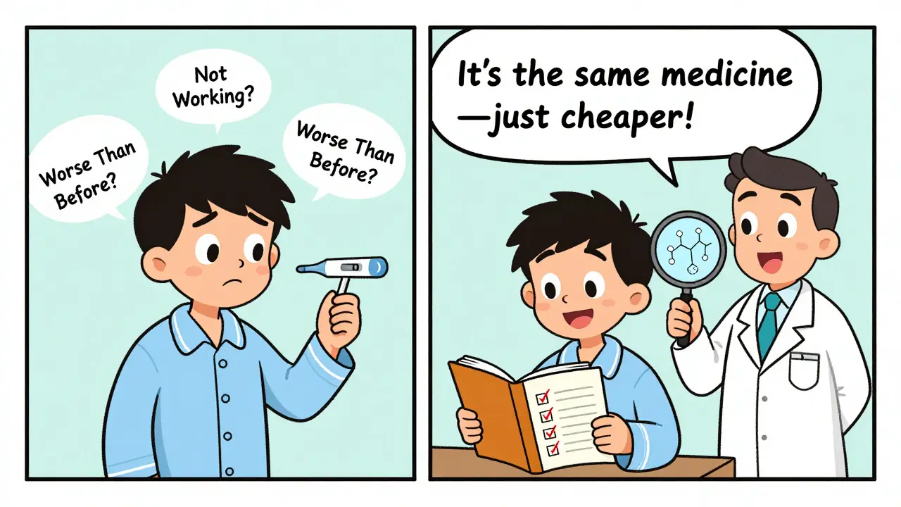 A patient feels unwell on one side, then joyful on the other as a doctor shows identical drug ingredients on pill labels.