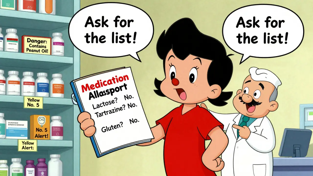 A person holding an allergy passport checklist in front of warning-labeled generic medication bottles.