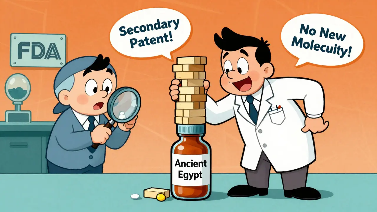 A pharma executive stacking secondary patents on an ancient colchicine bottle.