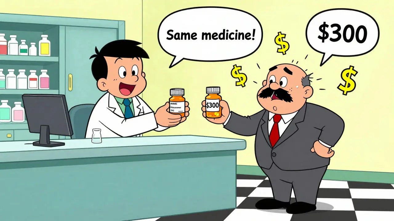 A pharmacist hands a customer a cheap generic pill bottle while a comical salesman struggles with an overpriced brand version.