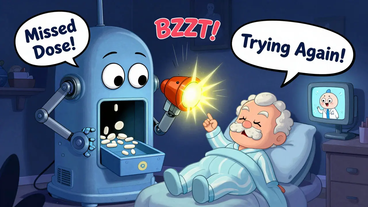 A robotic pill dispenser with big eyes alarms a sleepy senior at night with flashing lights.