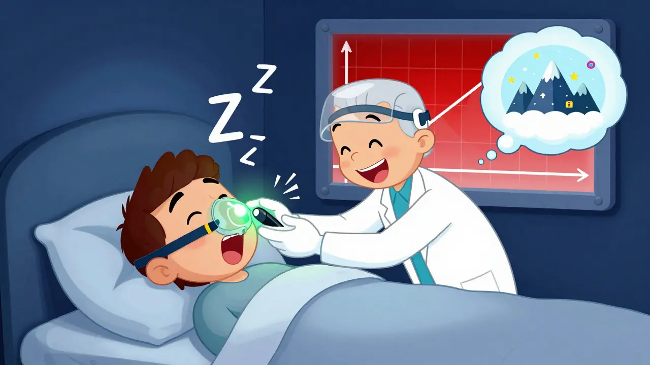 A sleep technologist fits a CPAP mask on a sleeping patient during a split-night study.