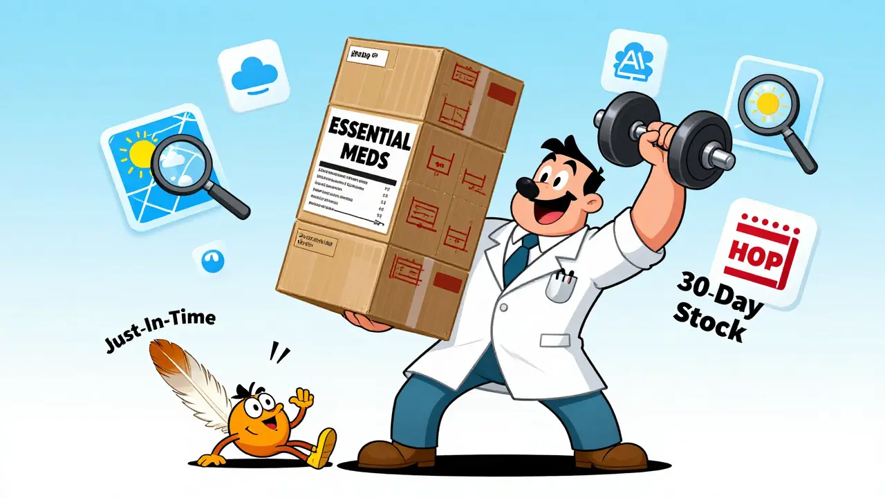 A strong pharmacist holding a huge stockpile of medicine while a frail 'Just-in-Time' figure collapses.