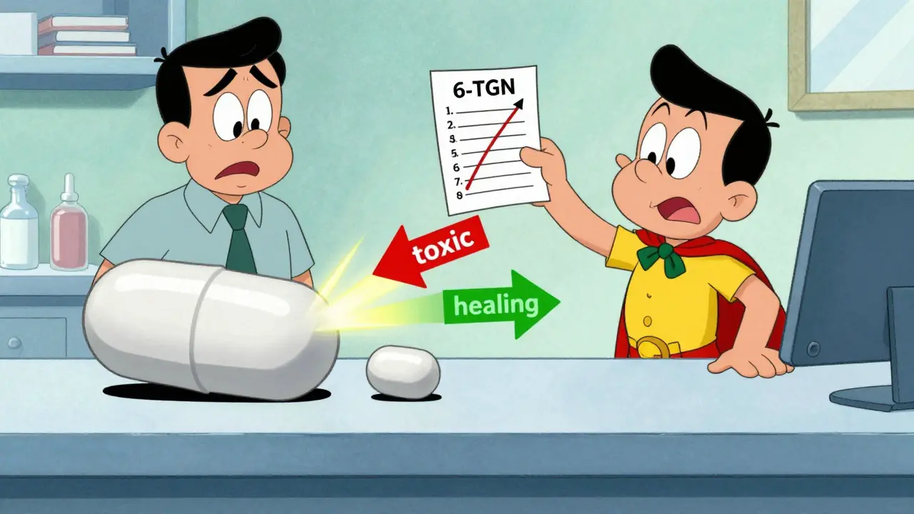 A superhero allopurinol pill redirects azathioprine from toxic to therapeutic flow in a comic-style pharmacy scene.