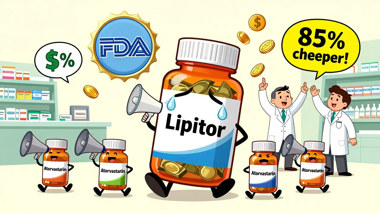 Branded pill bottle crying as multiple generic bottles celebrate with megaphones, FDA badge shining above.