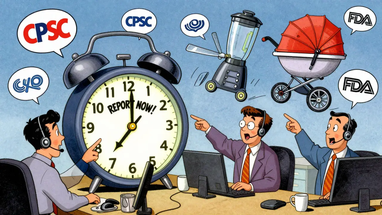 Chaotic office with employees reacting to a giant alarm clock as hazardous products float in the air.