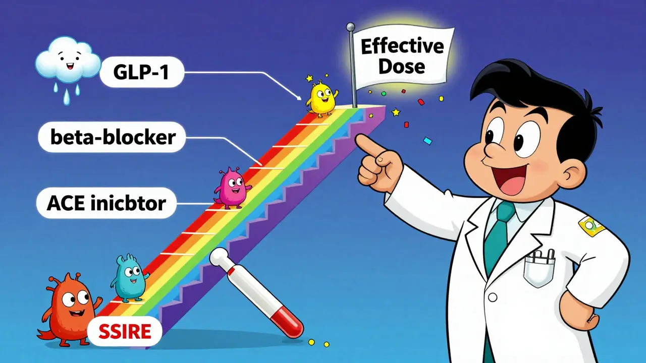 Colorful medications climbing a rainbow staircase as side effect monsters fall off.
