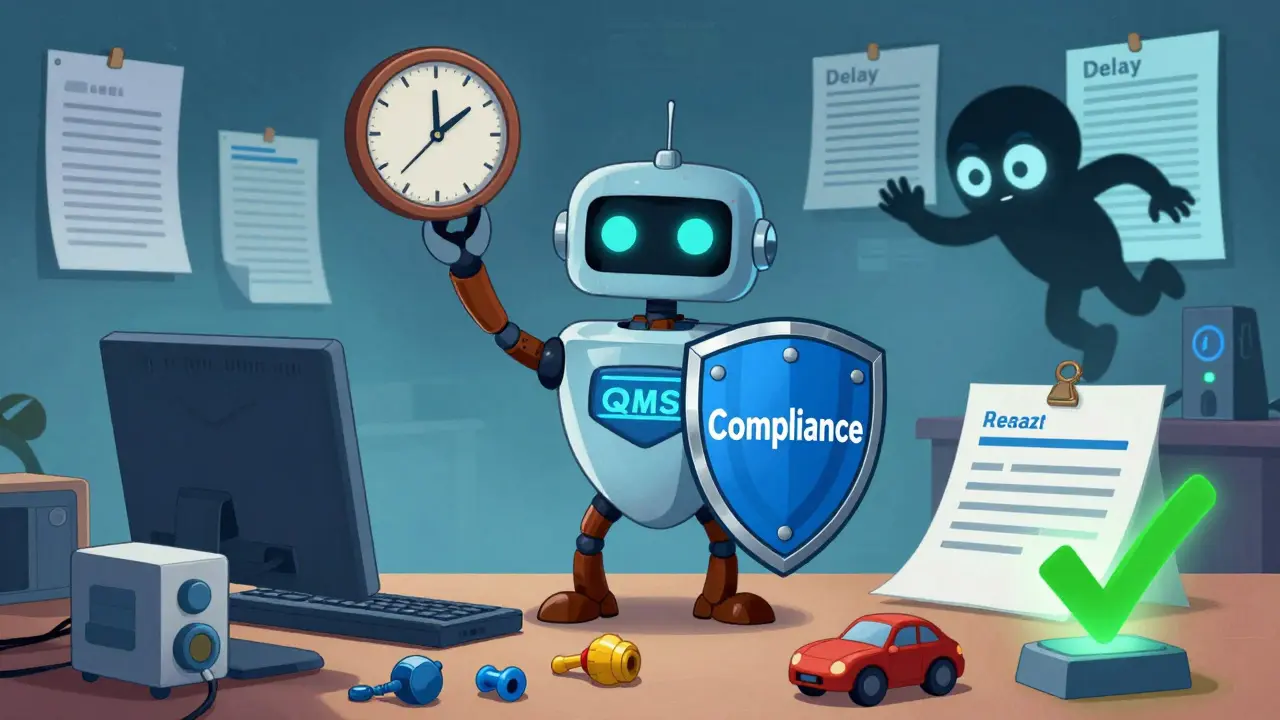 Compliance robot protecting medical devices and toys from a sneaky delay figure, with AI scanning documents.