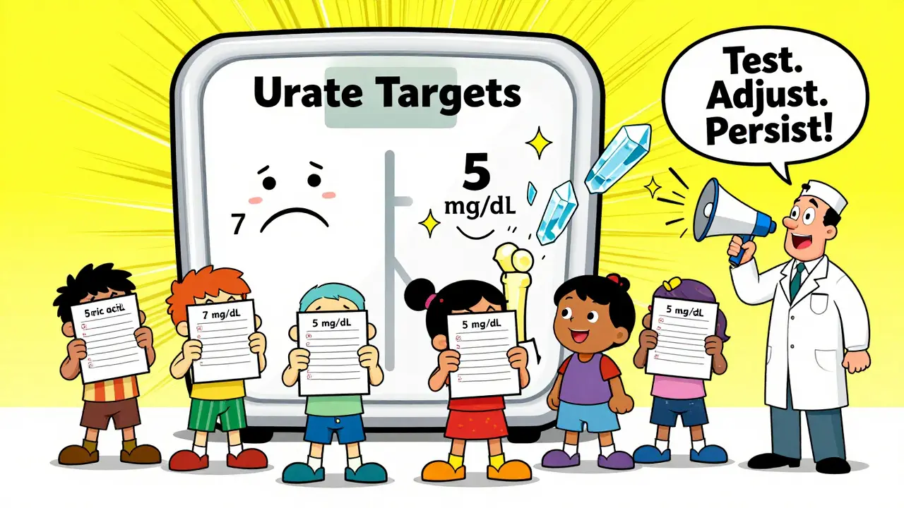 Diverse patients hold blood tests as giant scale shows urate targets, doctor urges testing and dose adjustment.