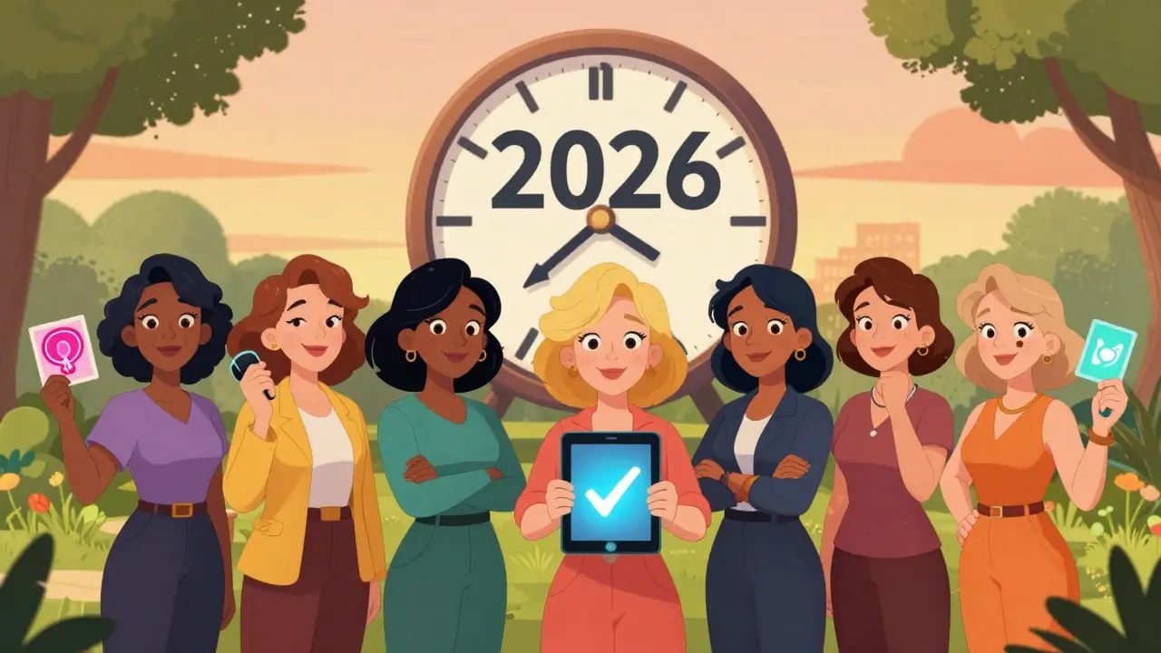 Diverse women in a park holding screening tools under a 2026 clock, all smiling in cartoon illustration.