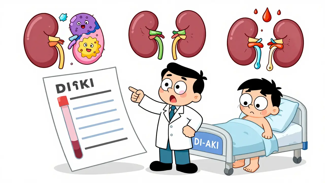 Doctor points at rising creatinine levels while patient shows swelling signs, with three kidney injury types floating nearby.