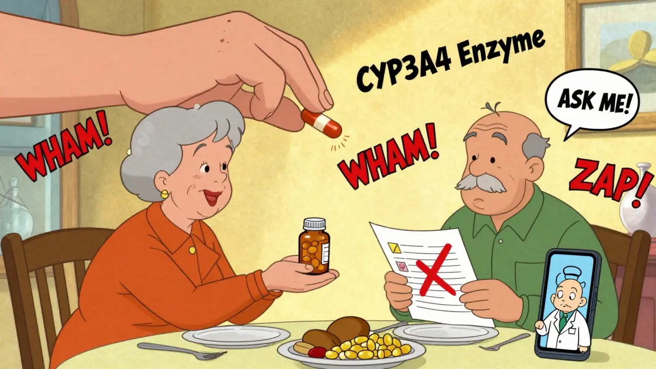 Elderly woman giving supplement to grandson, invisible enzyme crushing heart medication, doctor on phone.