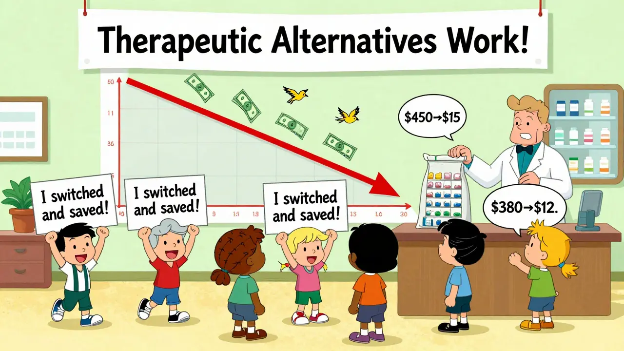 Group of people celebrating cost savings from switching to cheaper medications.