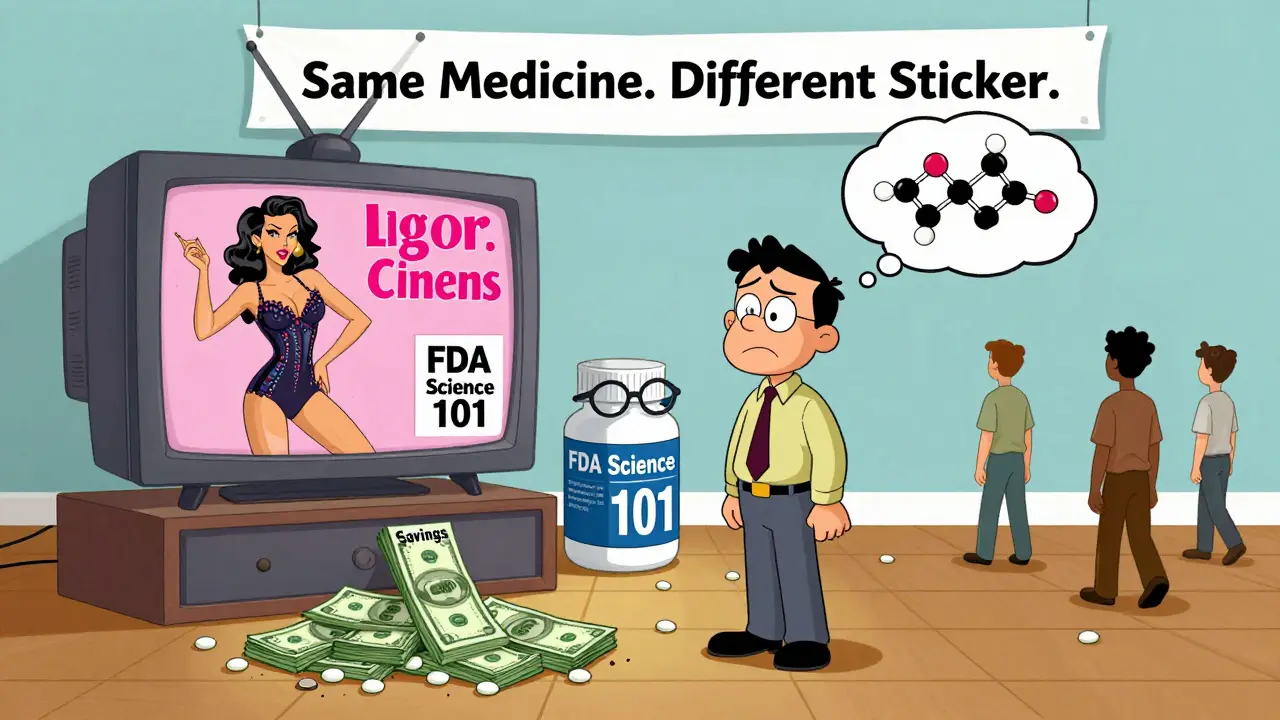 Man distracted by flashy brand drug ad while generic pill reads science book, savings pile growing at feet.