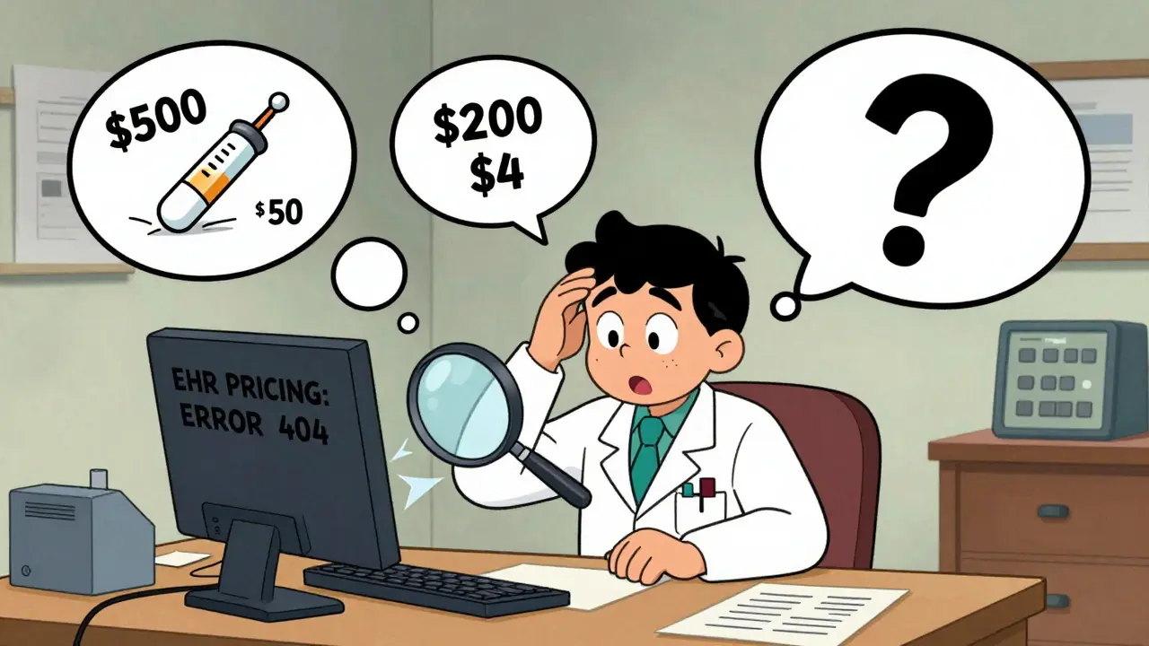 Medical student surrounded by floating price illusions and a broken computer screen in a cluttered room.