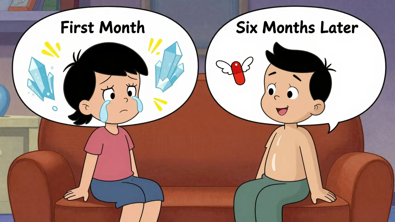 Patient's thought bubble contrasts painful gout flare with calm joint after treatment, tiny pill flying in for protection.