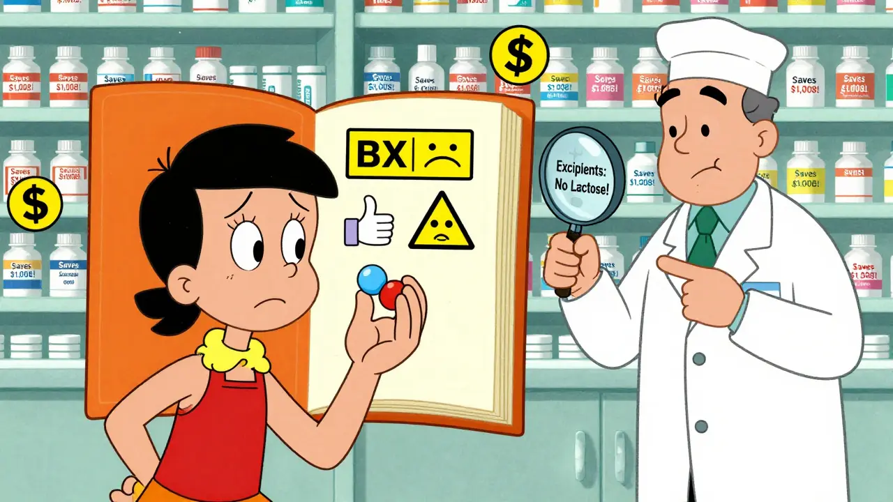 Patient confused by different pills, Orange Book reveals AB and BX ratings with pharmacist guiding.