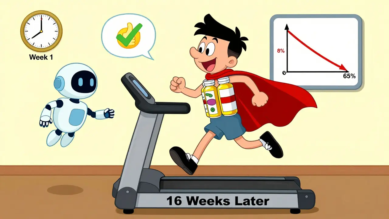 Patient jogging with pill cape as AI shows side effects dropping from 65% to 18%.